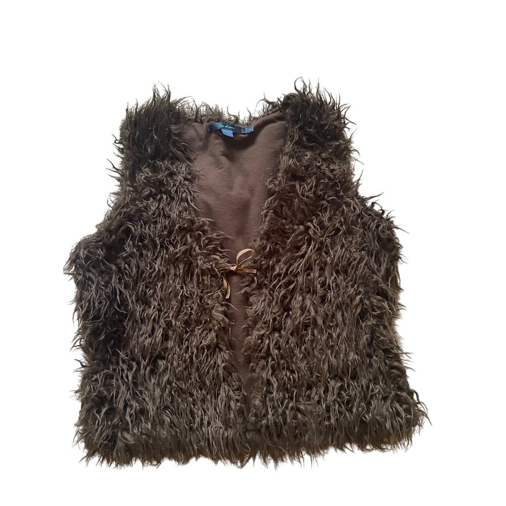 Boden Faux Fur Vest Suede tie in front Size Medium Brown Anthropologie Festival